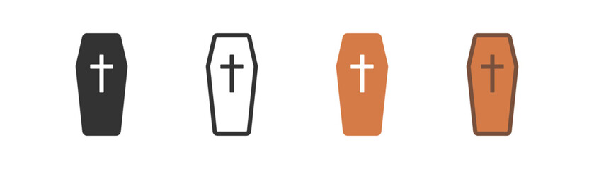 Obraz premium Coffin icon on light background. Funeral symbol. Insurance, halloween, death, spooky, horror, skeleton, vampire. Outline, flat and colored style. Flat design. Vector illustration