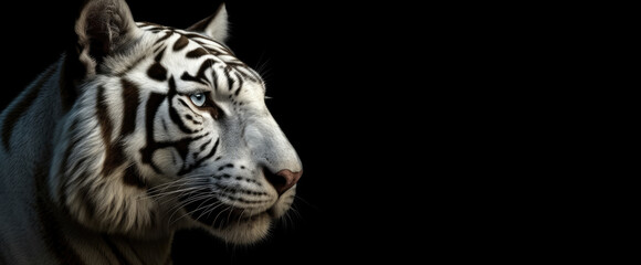 Head of a white tiger, a close-up of a predatory animal. Image on the left, tiger's head on a black isolated panoramic banner background. Generative AI.