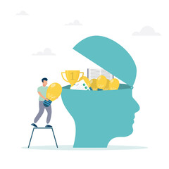 Upgrading skills, learning new things or developing knowledge for new skills. The concept of job qualification, the guy puts the ideas of a light bulb and a book in his head.

