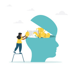 Upgrading skills, learning new things or developing knowledge for new skills. The concept of job qualification, the girl puts the ideas of a light bulb and a book into her head.
