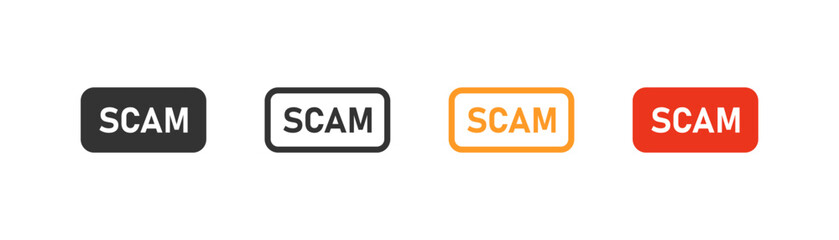 Scam red grungr stamp icon on light background. Warning symbol. Exclamation mark, alert, hacker, cyber technology, error, virus. Outline, flat and colored style. Flat design. Vector illustration