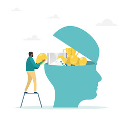 Upgrading skills, learning new things or developing knowledge for new skills. The concept of job qualification, the guy puts the ideas of a light bulb and a book in his head.
