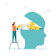 Upgrading skills, learning new things or developing knowledge for new skills. The concept of job qualification, the girl puts the ideas of a light bulb and a book into her head.
