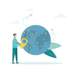 Global business expansion, open branches of the company, franchise in a new location, the concept of a growing business around the world. Businessman puts a mark on the map.
