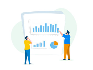 Digital business analytics and big data concept. Marketers analyze financial reports using data analytics. Drive success with digital marketing strategies. Data-rich reports vector Illustration