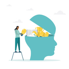 Upgrading skills, learning new things or developing knowledge for new skills. The concept of job qualification, the girl puts the ideas of a light bulb and a book into her head.
