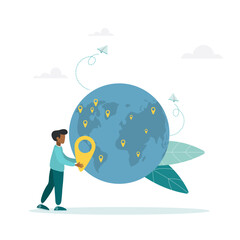 Global business expansion, open branches of the company, franchise in a new location, the concept of a growing business around the world. Businessman puts a mark on the map.
