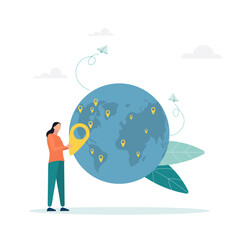 Global business expansion, open branches of the company, franchise in a new location, the concept of a growing business around the world. Businesswoman puts a mark on the map.
