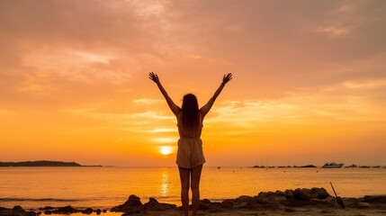 Fototapeta premium Happy woman silhouette in the sunset
