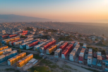 Obraz premium city of container houses containers with doors at sunset in turkey for the homeless, ai generation