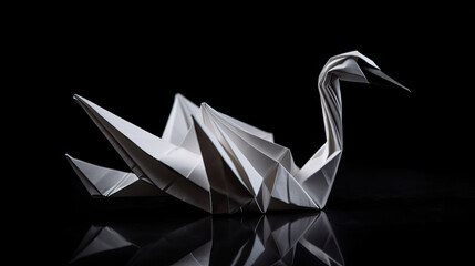 Origami paper white swan on black background - Powered by Adobe