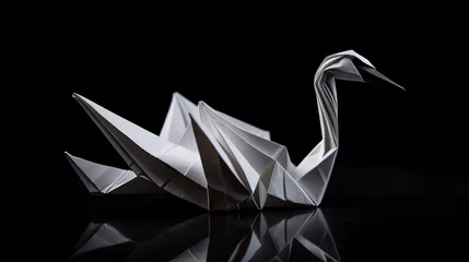 Tuinposter Origami paper white swan on black background © LightoLife