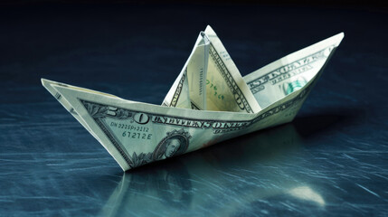 Paper boat made of dollar like notes in money and finance concept