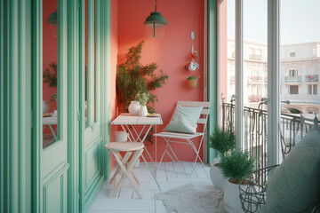 Modern cozy balcony, classic interior design with light coral, green and white colors. Super photo realistic background, generative ai illustration