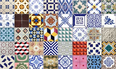 Gordijnen Portuguese tiles. Illustration of Azulejo on white background. Mediterranean style. © ckybe
