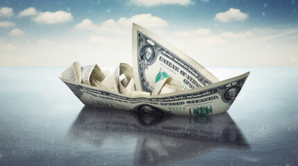 Paper boat made of dollar notes Digital Modern Collage art