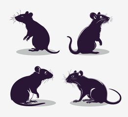 Set of graphic illustration of a black silhouette of a realistic rat in isolate on a white background. Vector illustration