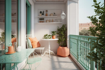 Fototapeta premium Modern cozy balcony, classic interior design with light coral, green and white colors. Super photo realistic background, generative ai illustration