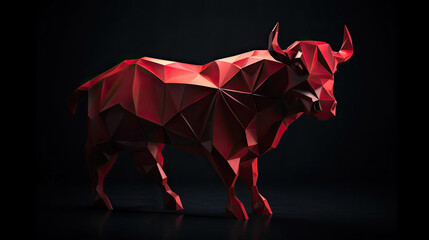 Red Polygon 3D art style bull on black background