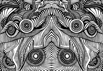 Black and white psychedelic abstract shamanic ornament. Monochrome boho abstract background with many ornament antistress coloring page.