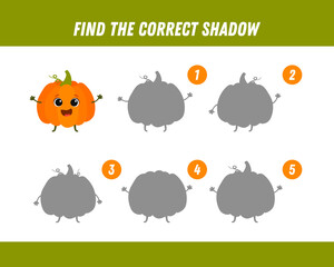Find correct shadow of cute pumpkin. Educational logical game for kids. Cartoon pumpkin. 