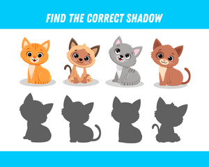 Obraz na płótnie Canvas Find correct shadow of cute cats. Educational logical game for kids. Cartoon kitten. 