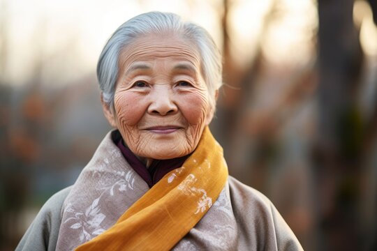 Medium shot portrait photography of a grinning old woman wearing a charming scarf against a peaceful zen garden background. With generative AI technology