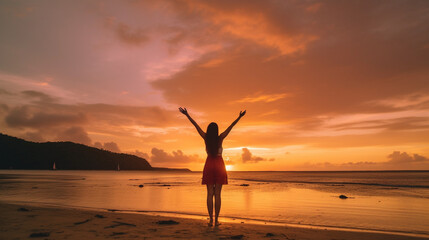Happy woman silhouette in the sunset