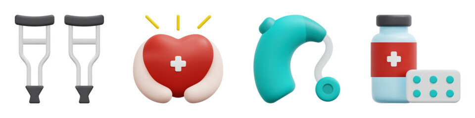 Nursing home 3d vector icon set. Crutches, healthcare, hearing aid, medicine. Isolated on white background. 3d icon vector render illustration.