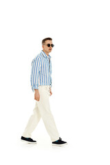 happy confident man in sunglasses and blue striped shirt