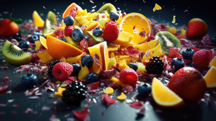 Fototapeta na wymiar fruit salad spilling on the floor was a mess of vibrant colors and textures. Generative Ai