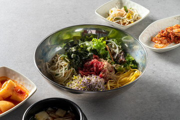 Short rib soup, beef sashimi bibimbap, soybean paste stew, yukgaejang, pork, kimchi jjigae