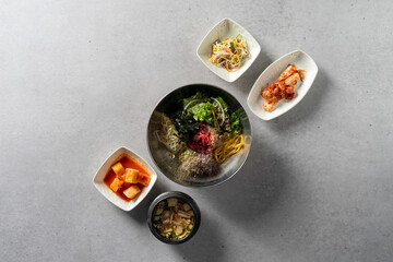 Short rib soup, beef sashimi bibimbap, soybean paste stew, yukgaejang, pork, kimchi jjigae