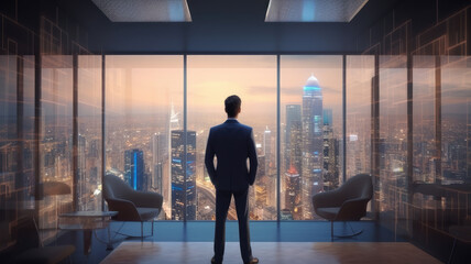 Back view of businessman in suit standing at office looking at night city through panoramic window. Generative AI
