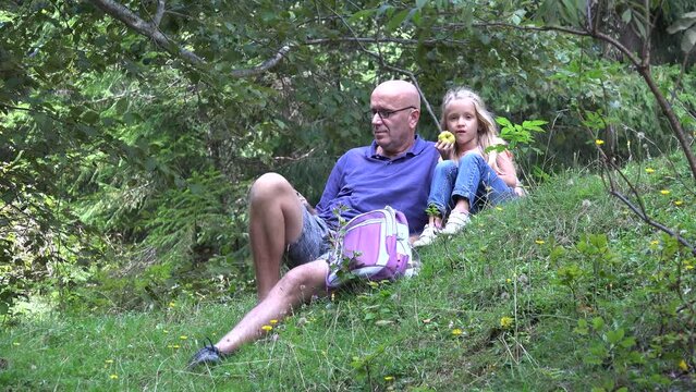 Happy Family Relaxing, Mountain Path Meadow in Forest, Child Eating Apple Fruit