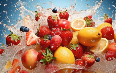 Fototapeta na wymiar Vibrant Refreshment: Water Splashing Over a Variety of Fruit, Capturing the Essence of Photo-Realistic Compositions on a Bright background. Generative AI