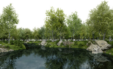 Realistic lake and forest tree line. 3d rendering of isolated objects.