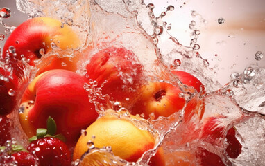 Fototapeta na wymiar A Symphony of Freshness: Light Red and Light Beige Hues Highlight the Scene of Water Splashing Over a Variety of Fruits, Creating a Striking Photo-Realistic Composition. Generataive AI