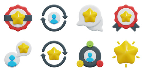 Customer Loyalty 3d vector icon set. Brand, customer, feedback, quality, rating, repurchase, satisfaction, star. Isolated on white background. 3d icon vector render illustration.