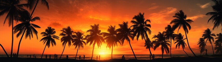 Obraz na płótnie Canvas Summer vacation holiday tropical landscape travel backgrund banner panorama - Black silhouette of ocean beach with palms and people during the sunset or sunrise (Generative Ai)