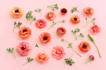 Top view image of pink flowers composition over pastel background