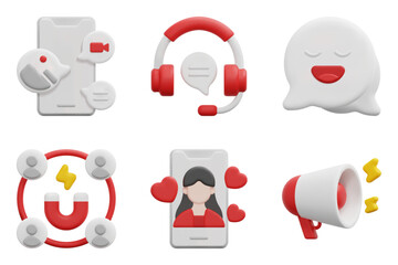 Online marketing 3d vector icon set. Content marketing, customer service, feedback, inbound marketing, influencer, megaphone. Isolated on white background. 3d icon vector render illustration.