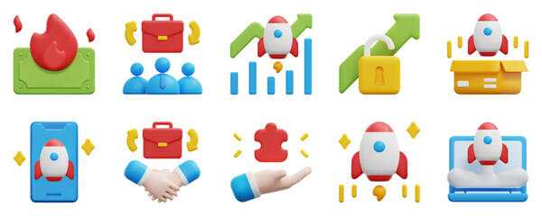 Startups 3d vector icon set. Burn, business, graph, growth, launch, mobile, partnership, puzzle, rocket, startup. Isolated on white background. 3d icon vector render illustration.
