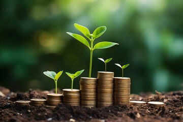 Fototapeta na wymiar Money-saving Growth: Seedlings Flourish on Stacked Coins, Depicting Financial and Business Success