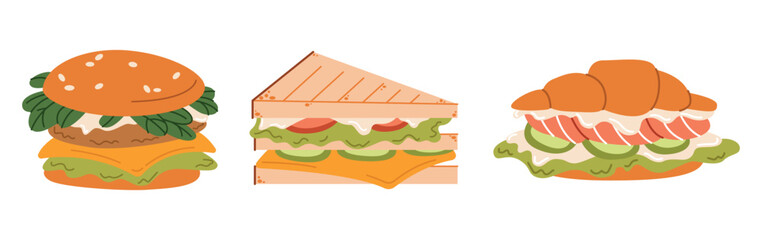 Street fast food set. Sweet desserts, snacks, takeaway eating. Burger, pizza, sandwich, croissant with fillings. Flat vector illustrations isolated on white background