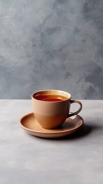 A cup of tea on a natural grey background copy space. Generative AI
