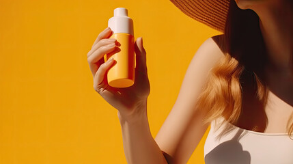 Woman hand holding sunscreen or suncream bottle product placement concept