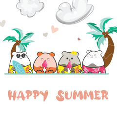poster of cute doodle animals with palm tree and the words happy summer on it