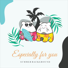 A poster for summer background with cute doodle animals in hawaiian costume