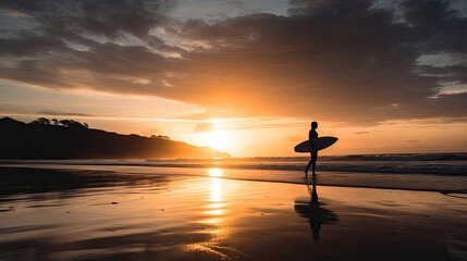 Fototapeta na wymiar Silhouette of Surfer heading to the sea